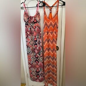 Two Women's Maxi Dresses - Coral Pink & Orange Prints